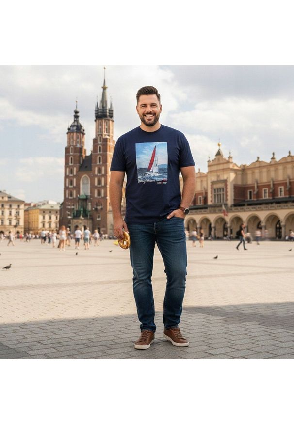 Granatowa Męska Koszulka (T-Shirt) - Pako Jeans - Żaglówka. Okazja: na co dzień. Kolor: niebieski. Materiał: bawełna. Wzór: nadruk. Styl: casual