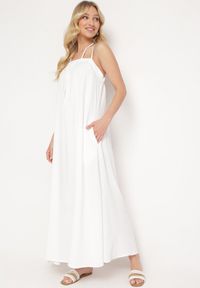 Born2be - Biała Sukienka na Regulowanych Ramiączkach Wiązana na Szyi Ploeliama. Kolor: biały. Długość rękawa: na ramiączkach. Styl: klasyczny, elegancki