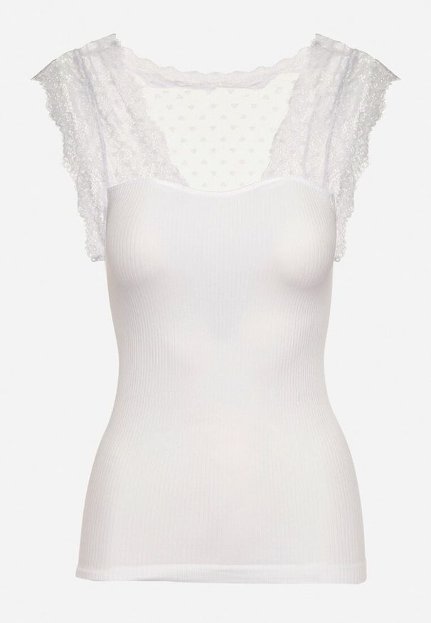 Born2be - Biały Top bez Rękawów z Prążkowanego Materiału Ozdobiony Koronką Parnalia. Kolor: biały. Materiał: materiał, prążkowany, koronka. Długość rękawa: bez rękawów. Wzór: aplikacja, koronka