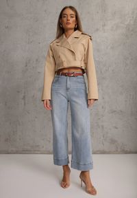 Renee - Niebieskie Szerokie Jeansy z Bawełną High Waist Ozdobione Przeszyciami Timolis. Okazja: na co dzień. Stan: podwyższony. Kolor: niebieski. Wzór: aplikacja. Styl: casual #1