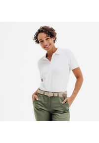 INESIS - Koszulka polo do golfa z krótkim rękawem damska Inesis MW500. Typ kołnierza: golf, polo. Kolor: biały. Materiał: poliester, bawełna, materiał. Długość rękawa: krótki rękaw. Długość: krótkie. Wzór: ze splotem. Styl: sportowy, klasyczny, elegancki