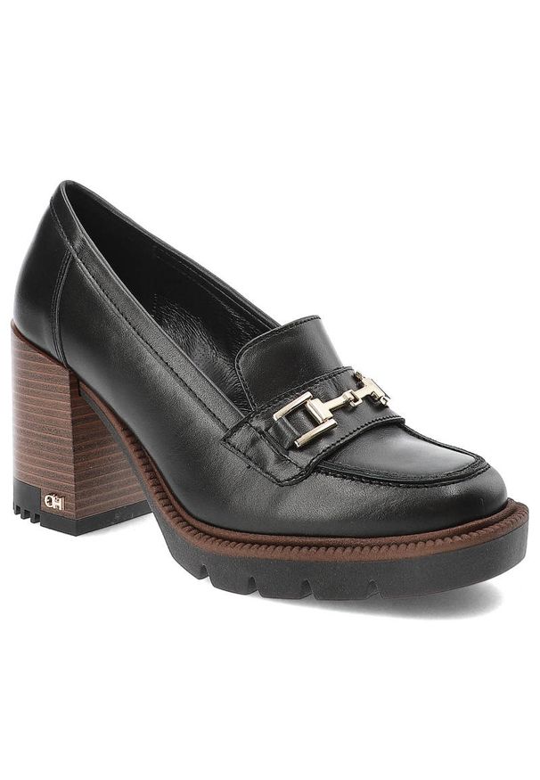 Czarne Półbuty CheBello Eleganckie Skórzane Buty Na Obcasie. Okazja: do pracy, na spotkanie biznesowe. Kolor: czarny. Materiał: skóra. Szerokość cholewki: normalna. Obcas: na obcasie. Styl: elegancki. Wysokość obcasa: średni