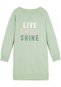 bonprix - Sukienka dresowa z czystej bawełny organicznej. Kolor: zielony. Materiał: dresówka, bawełna. Wzór: napisy #1