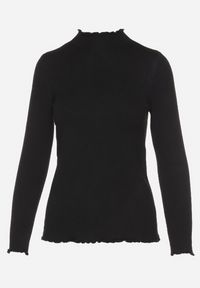 Born2be - Czarny Sweter z Wełną i Ozdobną Falbanką przy Dekolcie Seanoria. Okazja: na co dzień. Kolor: czarny. Materiał: wełna. Wzór: aplikacja. Styl: klasyczny, elegancki, casual #4
