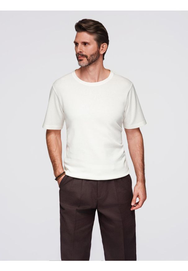 Ombre Clothing - Koszulka męska o waflowej strukturze z okrągłym dekoltem – złamana biel V1 - Rozmiar: L. Okazja: na co dzień. Materiał: bawełna. Styl: casual