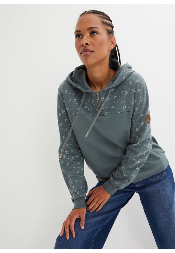 bonprix - Bluza z kapturem i zamkiem, z czystej bawełny. Typ kołnierza: kaptur. Kolor: zielony. Materiał: bawełna. Wzór: nadruk