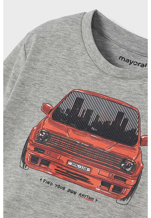 Mayoral longsleeve dziecięcy kolor szary z nadrukiem. Okazja: na co dzień. Kolor: szary. Materiał: bawełna. Długość rękawa: długi rękaw. Wzór: nadruk. Styl: casual