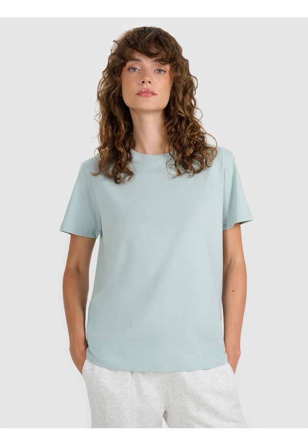 4f - 4F T-shirt regular gładki damski - turkusowy XL. Okazja: na co dzień. Kolor: turkusowy. Materiał: jersey, bawełna. Długość rękawa: krótki rękaw. Długość: krótkie. Wzór: gładki. Sezon: lato. Styl: klasyczny, sportowy, casual