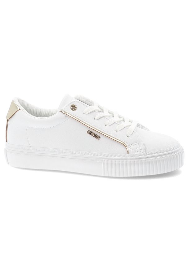 Big-Star - Sneakersy damskie Big Star, na płaskiej podeszwie z eko skóry z okrągłym noskiem i sznurowane, białe, SS274026. Okazja: na co dzień. Nosek buta: okrągły. Zapięcie: sznurówki. Kolor: biały. Materiał: materiał, syntetyk, guma, skóra. Szerokość cholewki: normalna. Obcas: na płaskiej podeszwie