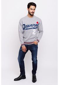 DSQUARED2 Szary sweter męski z granatowym logo, Rozmiar S. Kolor: szary. Materiał: wełna. Wzór: aplikacja #4