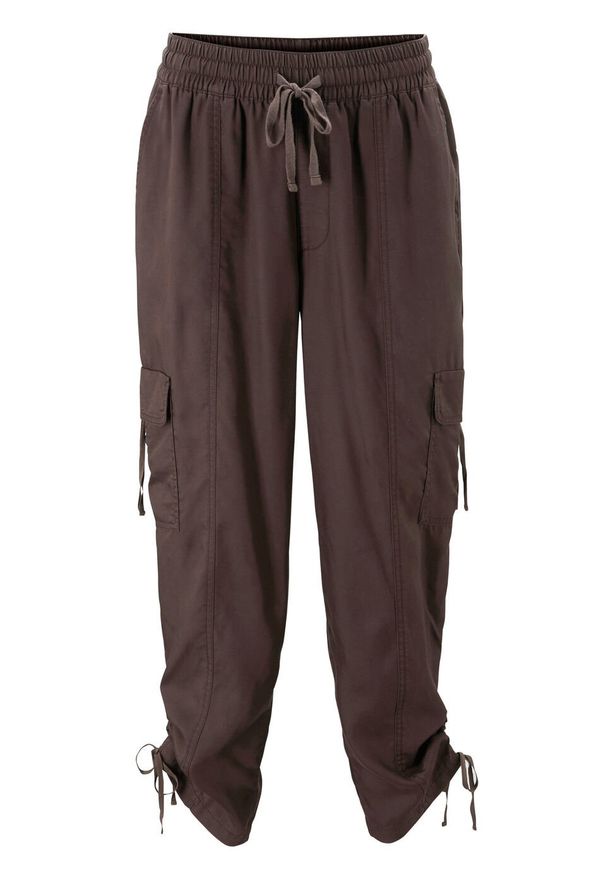 Spodnie bojówki 7/8 z lejącego materiału bonprix ciemnobrązowy. Kolor: brązowy. Materiał: materiał