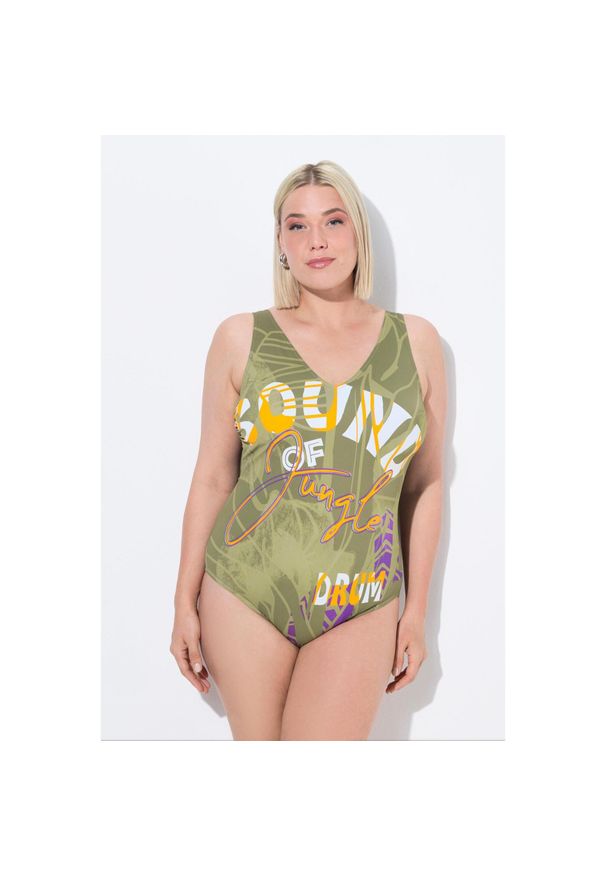 ULLA POPKEN - Damski Strój kąpielowy dżungla bez miękkich miseczek dekolt w serek. Kolekcja: plus size. Kolor: zielony. Materiał: poliamid, poliester, materiał, elastan