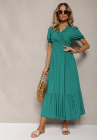 Renee - Ciemnozielona Boho Sukienka z Bawełny o Kopertowym Fasonie Rissatina. Okazja: do pracy. Typ kołnierza: dekolt w kształcie V. Kolor: zielony. Materiał: bawełna. Typ sukienki: kopertowe. Styl: boho