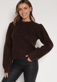 Born2be - Brązowy Kardigan z Wełną i Bufiastymi Rękawami Wiązany na Plecach Tuseleia. Okazja: na co dzień. Kolor: brązowy. Materiał: wełna. Styl: casual #2