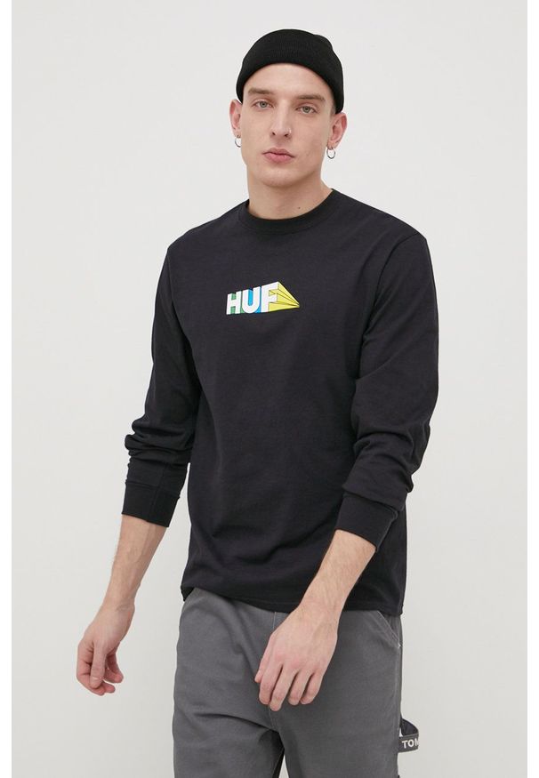 HUF Longsleeve bawełniany kolor czarny z nadrukiem. Okazja: na co dzień. Kolor: czarny. Materiał: bawełna. Długość rękawa: długi rękaw. Wzór: nadruk. Styl: casual