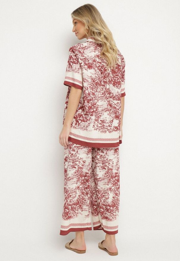 Born2be - Bordowy Wiskozowy Komplet w Roślinny Wzór Koszula i Spodnie Ridissa. Kolor: czerwony. Materiał: wiskoza. Wzór: aplikacja