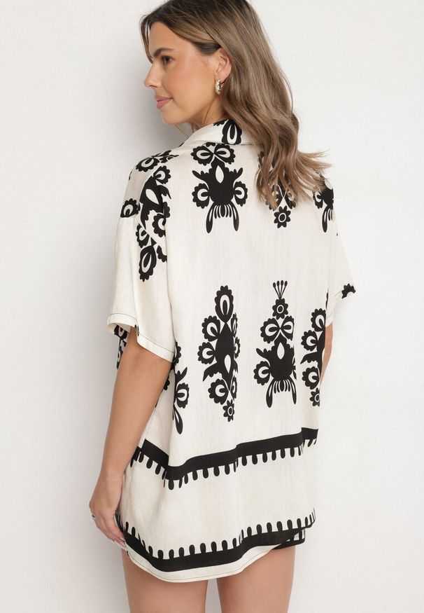 Born2be - Beżowo-Czarny Komplet w Stylu Rustykalnym Koszula i Szorty Tosmire. Kolor: beżowy. Materiał: wiskoza, tkanina