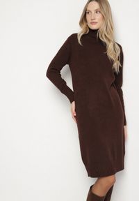 Born2be - Brązowa Dzianinowa Sukienka z Bawełną o Prostym Kroju z Golfem Tesala. Okazja: do pracy, na spotkanie biznesowe. Typ kołnierza: golf. Kolor: brązowy. Materiał: bawełna, dzianina. Wzór: jednolity. Typ sukienki: proste. Styl: biznesowy, klasyczny #4