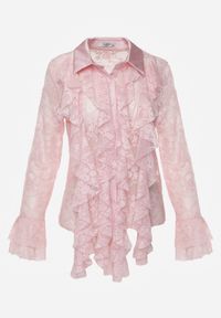 Renee - Różowa Wiskozowa Koronkowa Koszula z Bawełną i Falbanami Oraeno. Kolor: różowy. Materiał: wiskoza, bawełna, koronka #3