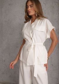 Renee - Biały Wiskozowy Komplet z Lnem Spodnie Wide Leg i Bluzka o Kroju Marynarki Daprise. Kolor: biały. Materiał: wiskoza, len #3