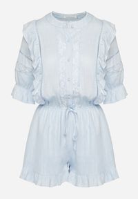 Born2be - Jasnoniebieski Kombinezon z Lnu i Wiskozy w Stylu Boho z Falbankami i Koronką Linalisse. Okazja: na co dzień. Kolor: niebieski. Materiał: koronka, len, wiskoza. Wzór: koronka. Styl: boho #7