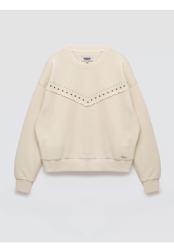 Big-Star - Bluza damska z linii Authentic perłowa Frolia 103. Okazja: na co dzień. Kolor: kremowy. Materiał: dzianina, skóra, materiał. Długość rękawa: długi rękaw. Długość: długie. Wzór: aplikacja, ze splotem. Styl: casual, elegancki, klasyczny