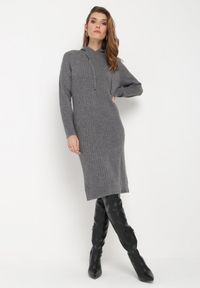 Born2be - Ciemnoszara Wełniana Sukienka z Kapturem w Prążki Tyrwe. Okazja: na co dzień. Typ kołnierza: kaptur. Kolor: szary. Materiał: wełna. Długość rękawa: długi rękaw. Wzór: prążki. Typ sukienki: proste. Styl: elegancki, casual, klasyczny #1