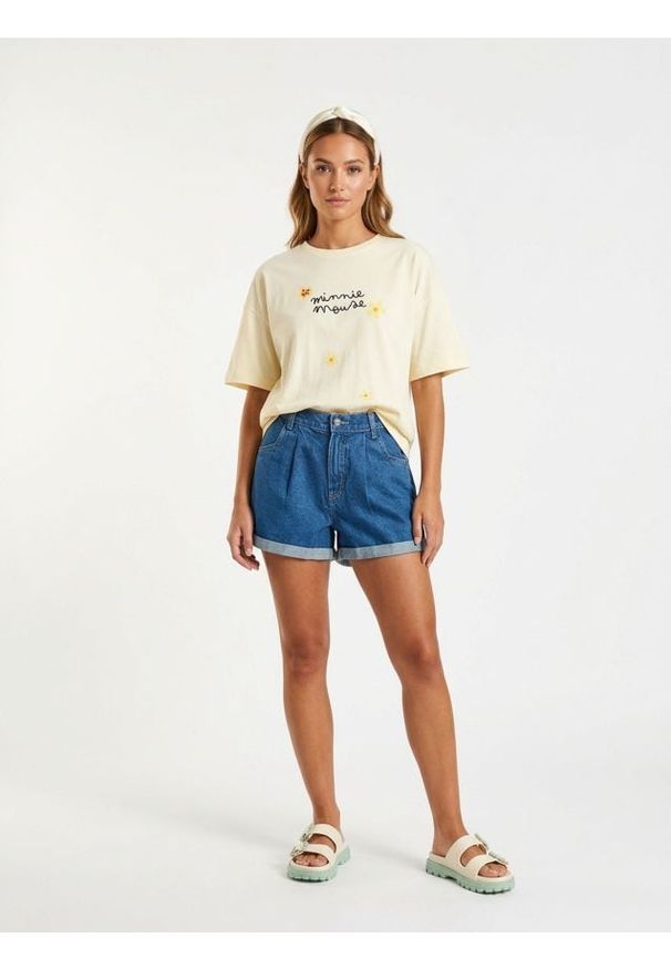 Sinsay - Bawełniana koszulka z nadrukiem Minnie Mouse - kremowy. Kolor: kremowy. Materiał: bawełna. Wzór: nadruk, motyw z bajki