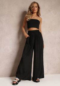 Renee - Czarne Szerokie Spodnie z Gumką w Talii Carleny. Kolor: czarny. Materiał: wiskoza, tkanina #1