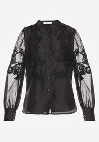 Renee - Czarna Koszula z Transparentnymi Rękawami i Koronką z Perełkami Ulani. Kolor: czarny. Materiał: koronka. Wzór: koronka. Styl: elegancki #4