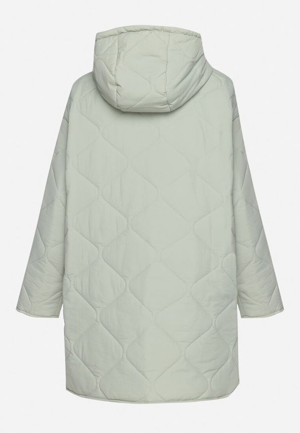 Born2be - Miętowa Kurtka Oversize z Kapturem z Ozdobnym Pikowaniem i Rozcięciem Klimella. Typ kołnierza: kaptur. Kolor: miętowy. Styl: elegancki