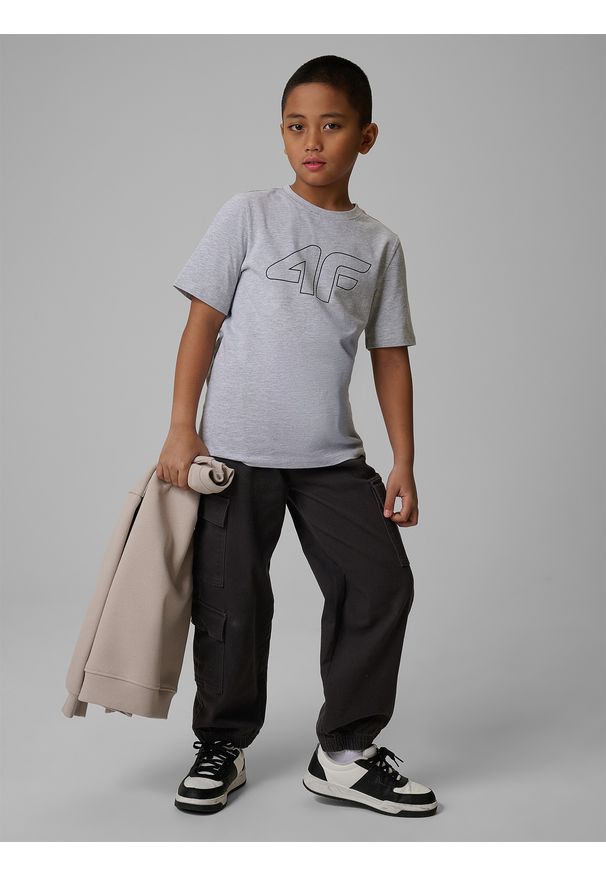 4f - 4F T-shirt regular z nadrukiem chłopięcy - szary 146 (10-11 lat). Okazja: na co dzień, na uczelnię. Kolor: szary. Materiał: bawełna, skóra, materiał. Wzór: nadruk. Sezon: lato. Styl: casual, klasyczny