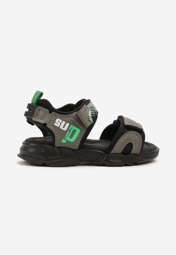 Born2be - Szaro-Zielone Sportowe Sandały ze Skórzaną Wkładką i Napisami Saviore. Okazja: na co dzień, na spacer. Zapięcie: rzepy. Kolor: szary. Materiał: skóra. Wzór: napisy. Styl: sportowy