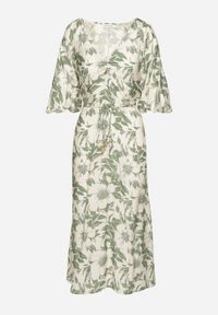 Born2be - Zielono-Biała Rozkloszowana Sukienka z Wiskozy Wykończona Bufiastymi Rękawami Maranea. Okazja: na co dzień. Typ kołnierza: dekolt w serek. Kolor: zielony. Materiał: wiskoza. Typ sukienki: proste, w kształcie A. Styl: klasyczny, casual, elegancki #5