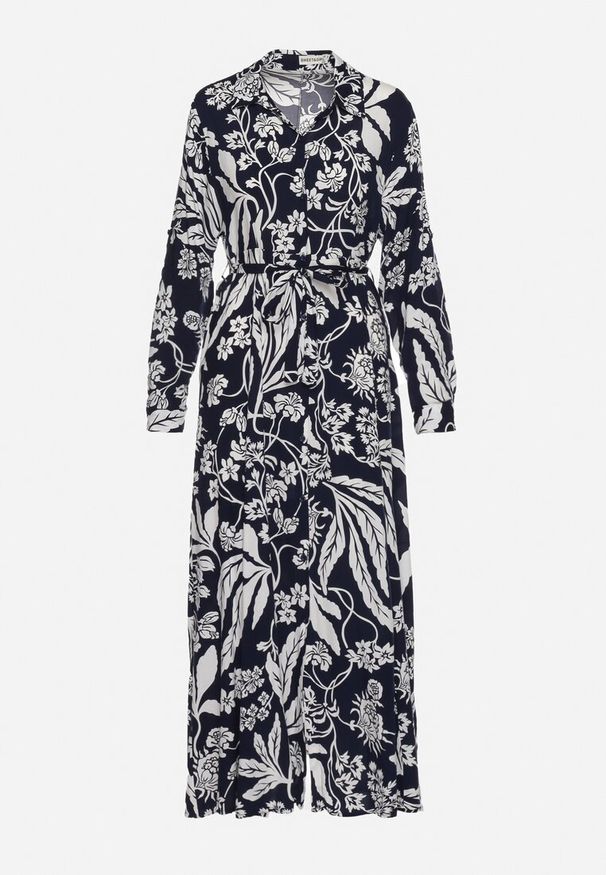 Born2be - Granatowo-Biała Koszulowa Sukienka z Roślinnym Wzorem z Wiązanym Paskiem Rosallen. Kolor: niebieski. Wzór: aplikacja. Typ sukienki: koszulowe. Długość: maxi