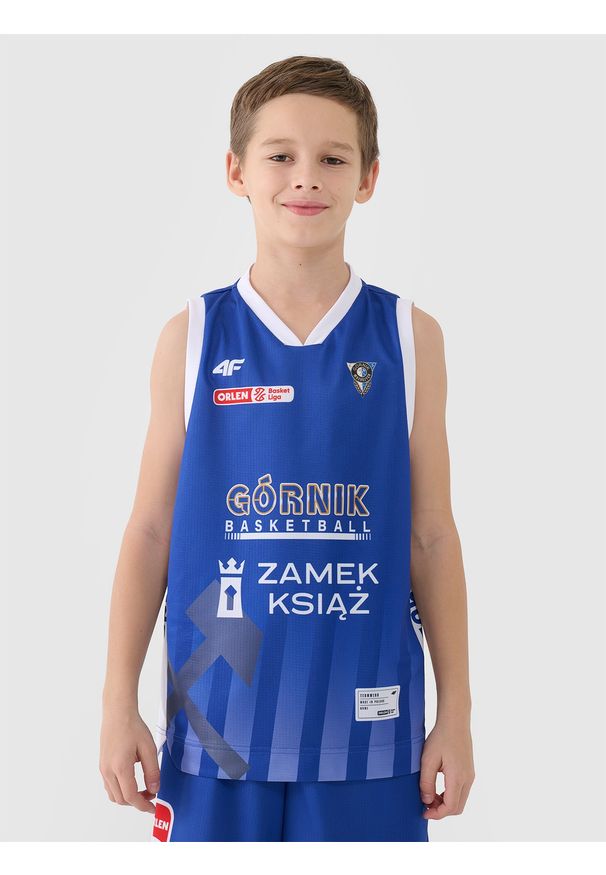 4f - 4F Koszulka meczowa replika wyjazdowa z sezonu 2024/25 dziecięca 4F x PLK - Górnik Wałbrzych 110/116. Typ kołnierza: dekolt w serek. Kolor: wielokolorowy. Materiał: włókno, dzianina, materiał, syntetyk. Wzór: gładki, nadruk, ze splotem. Sezon: lato. Sport: koszykówka, fitness