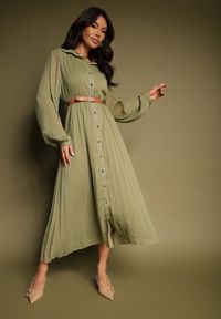 Renee - Zielona Koszulowa Sukienka z Plisami i Dodatkowym Paskiem Miarosea. Okazja: na spotkanie biznesowe, na spacer. Kolor: zielony. Typ sukienki: koszulowe. Styl: elegancki, biznesowy #5