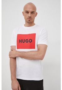 Hugo - HUGO t-shirt bawełniany kolor biały z nadrukiem. Kolor: biały. Materiał: bawełna. Wzór: nadruk