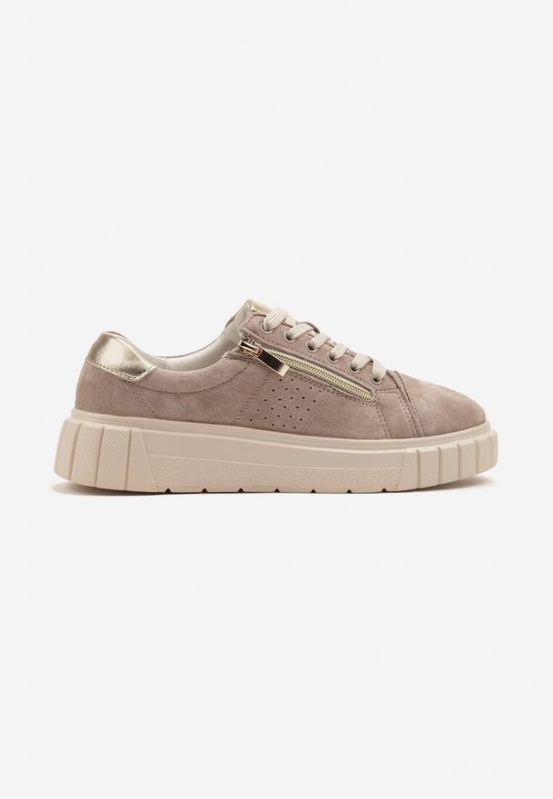 Renee - Beżowe Sneakersy ze Skóry na Niskiej Platformie Milkio. Okazja: na co dzień, na spacer. Kolor: beżowy. Materiał: skóra. Obcas: na platformie. Sport: turystyka piesza