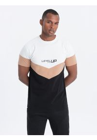 Ombre Clothing - T-shirt męski bawełniany trójkolorowy z logo - czarno-brązowy V3 S1747 - XXL. Kolor: czarny. Materiał: bawełna. Długość rękawa: krótki rękaw. Długość: krótkie. Wzór: nadruk, geometria. Styl: klasyczny