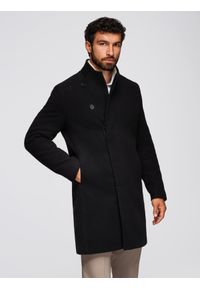 Ombre Clothing - Męski płaszcz z wysokim kołnierzem i asymetrycznym zapięciem – czarny V2. Okazja: na co dzień. Kolor: czarny. Materiał: poliester, wiskoza, syntetyk, materiał. Wzór: jednolity, aplikacja. Styl: casual, elegancki, wizytowy