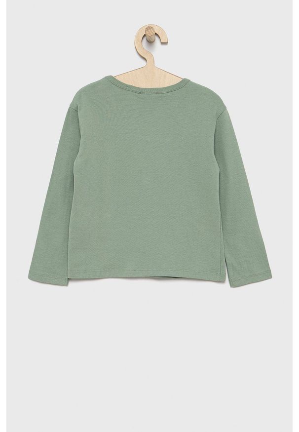 United Colors of Benetton Longsleeve bawełniany dziecięcy kolor zielony. Okazja: na co dzień. Kolor: zielony. Materiał: bawełna. Długość rękawa: długi rękaw. Długość: długie. Wzór: aplikacja. Styl: casual