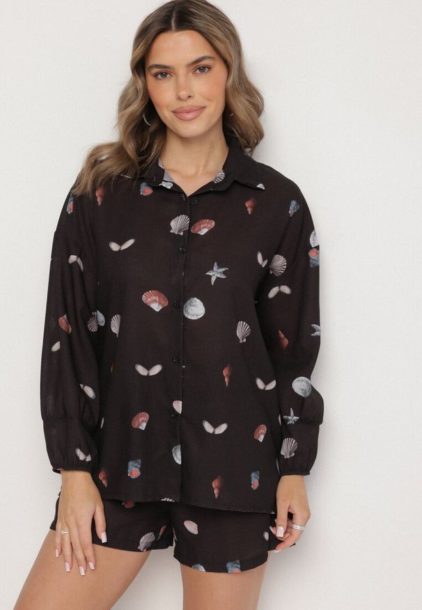 Born2be - Czarny Komplet z Wiskozą Koszula i Szorty z Motywem Morskim Reivienne. Kolor: czarny. Materiał: wiskoza. Wzór: aplikacja