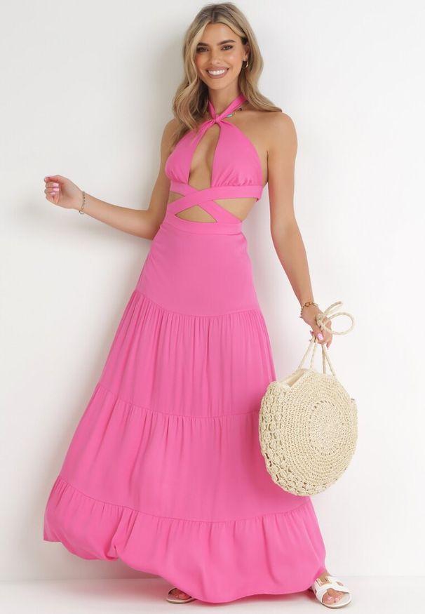 Born2be - Fuksjowa Rozkloszowana Sukienka z Wycięciami i Wiązaniem Abisal. Kolor: różowy