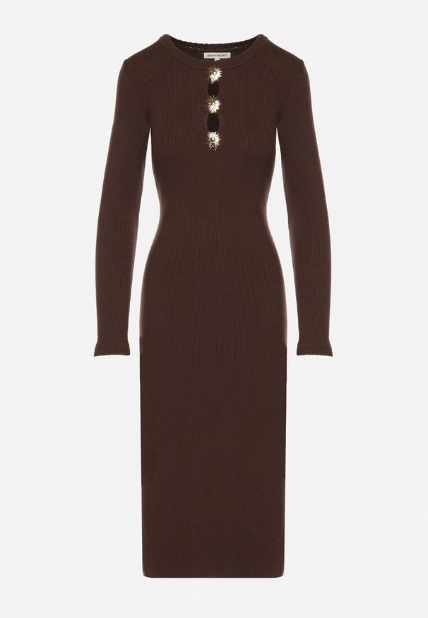 Born2be - Brązowa Dopasowana Sukienka z Prążkowanej Dzianiny z Wiskozą z Aplikacjami Tusmana. Kolor: brązowy. Materiał: prążkowany, dzianina, wiskoza. Wzór: aplikacja. Styl: elegancki