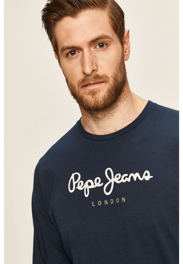 Pepe Jeans - Longsleeve Eggo. Okazja: na co dzień. Kolor: niebieski. Materiał: dzianina. Długość rękawa: długi rękaw. Wzór: nadruk. Styl: casual