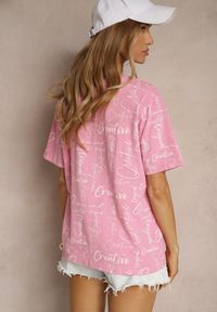 Renee - Różowy Bawełniany T-shirt o Kroju Oversize z Ozdobnym Nadrukiem Aveneli. Okazja: na co dzień. Kolor: różowy. Materiał: bawełna. Wzór: nadruk. Styl: elegancki, casual #5