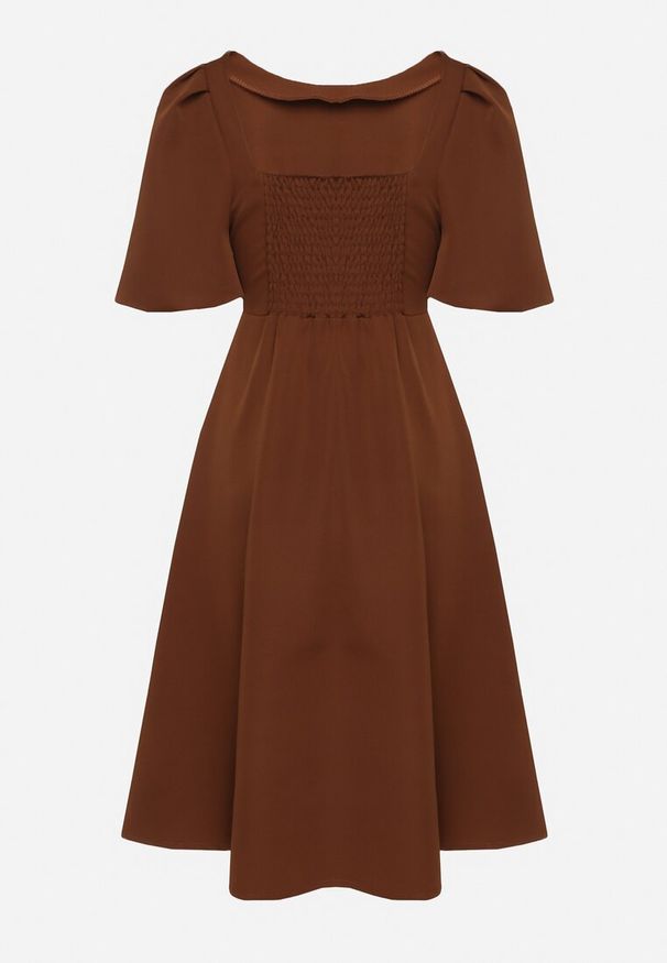 Born2be - Brązowa Sukienka o Rozkloszowanym Kroju z Bufiastymi Rękawami Melisseia. Kolor: brązowy. Styl: klasyczny