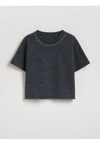 Reserved - T-shirt z aplikacją - ciemnoszary. Kolor: szary. Materiał: bawełna. Wzór: aplikacja #1