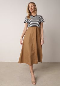 Born2be - Niebieska Rozkloszowana Sukienka z Bawełny Imitująca Bluzkę w Paski i Spódnicę Chathusa. Okazja: na co dzień. Kolor: niebieski. Materiał: bawełna. Wzór: paski. Typ sukienki: proste. Styl: retro, klasyczny, casual #7